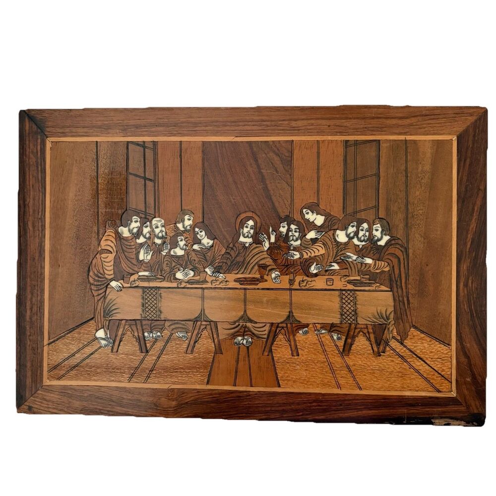 Vintage Last Supper Wood Inlay Wall Art 15x10 Marquetry Religious Plaque Framed